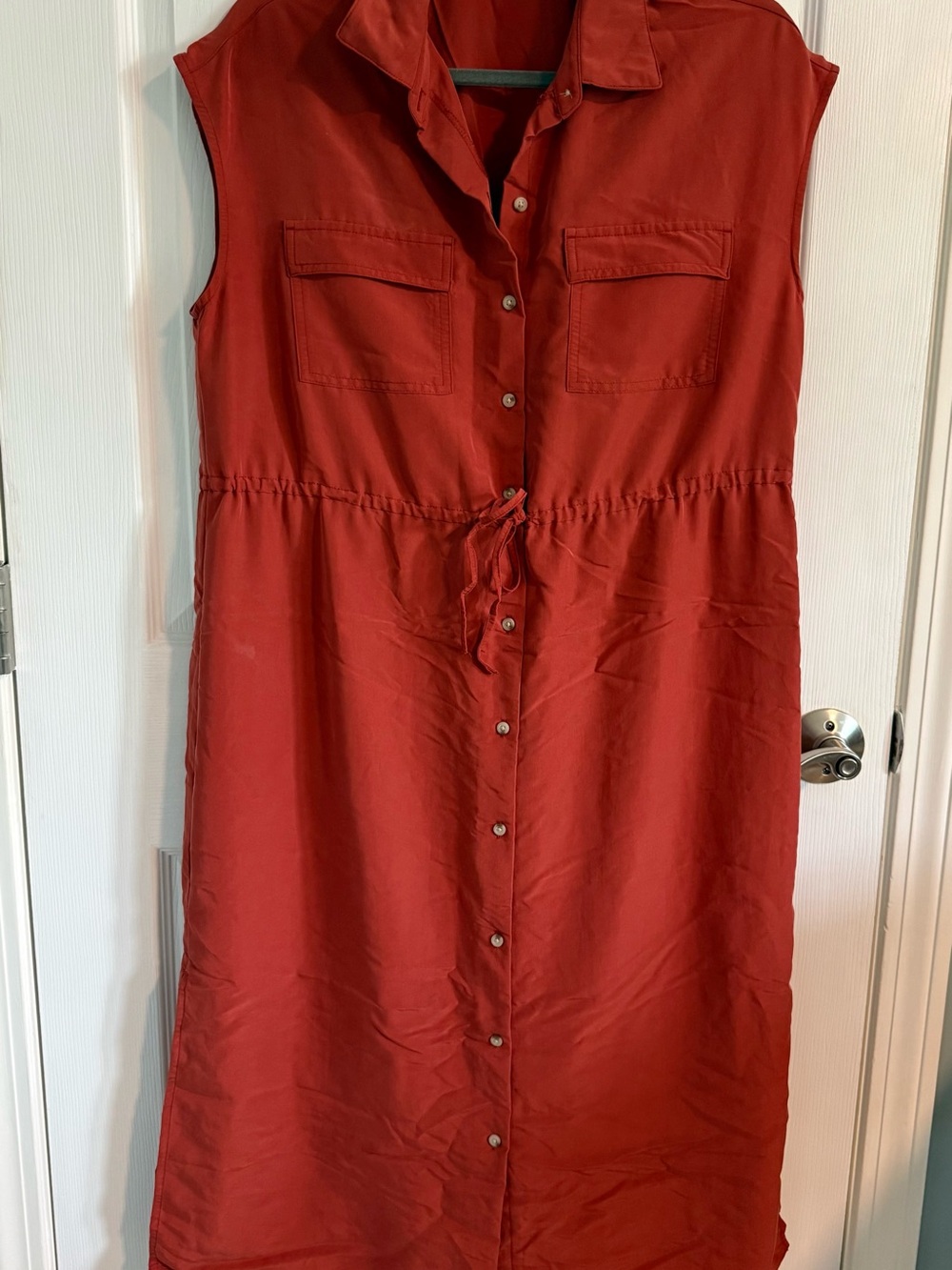 Sleeveless Burnt Orange Button-Front Shirt Dress with Drawstring Waist - Size M